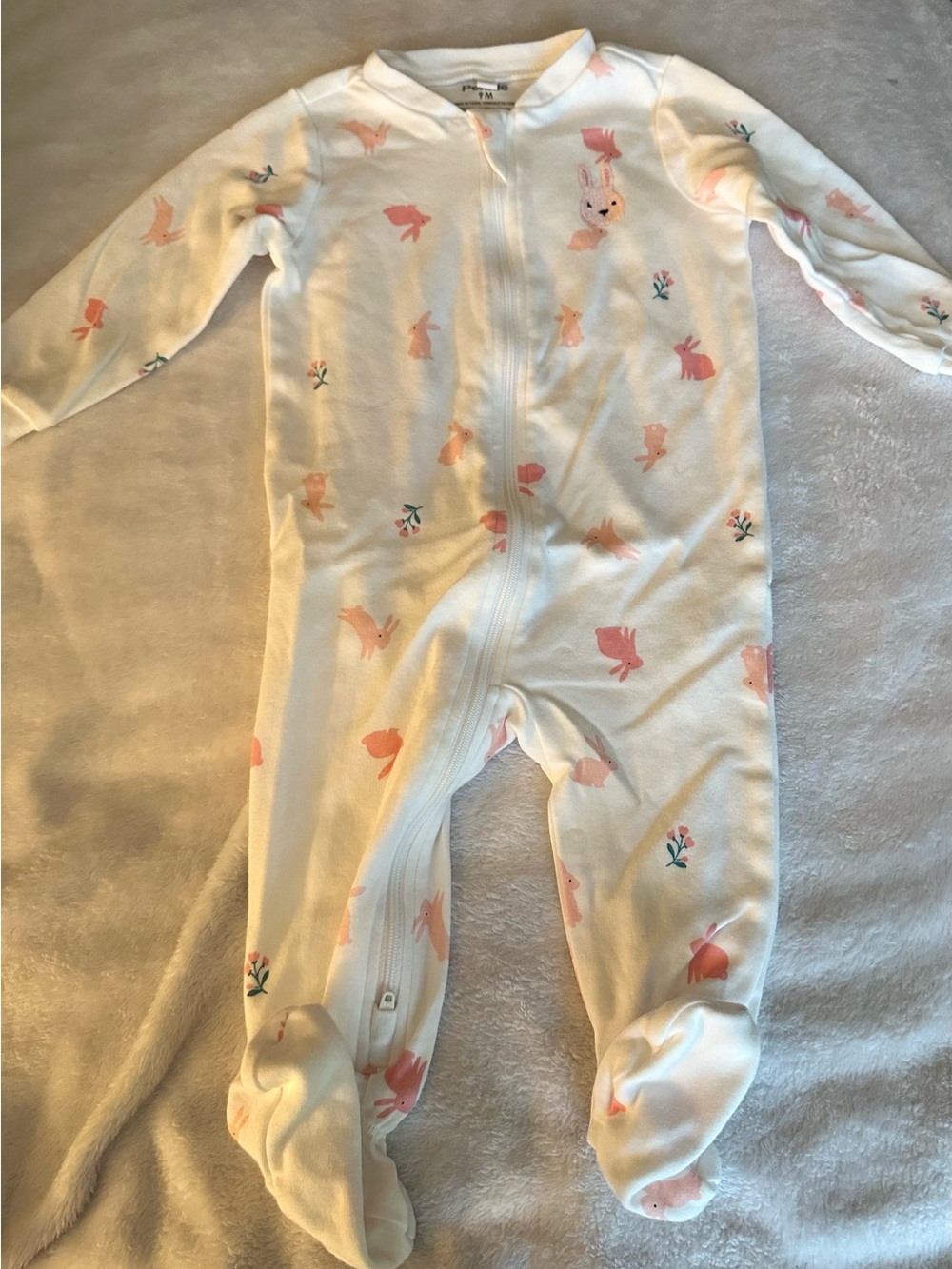 Baby Footed One-Piece in White with Pink Bunny Print